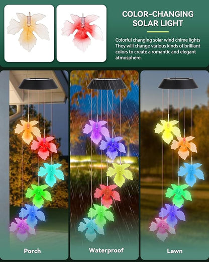DOUBLEZHE Solar Wind Chimes, Color Changing Maple Leaf Wind Chimes for Outside, Birthday Gifts for Women Mom Grandma, Waterproof Outdoor LED Decoration Mobile Lights for Garden Patio Yard Party Decor
