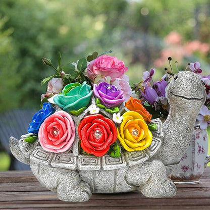 Solar Garden Decor Turtle with Rose and 7 LED Lights - Outdoor Decor Tortoise Statue for Patio, Balcony, Yard Ornament, Unique Gifts for Mom.
