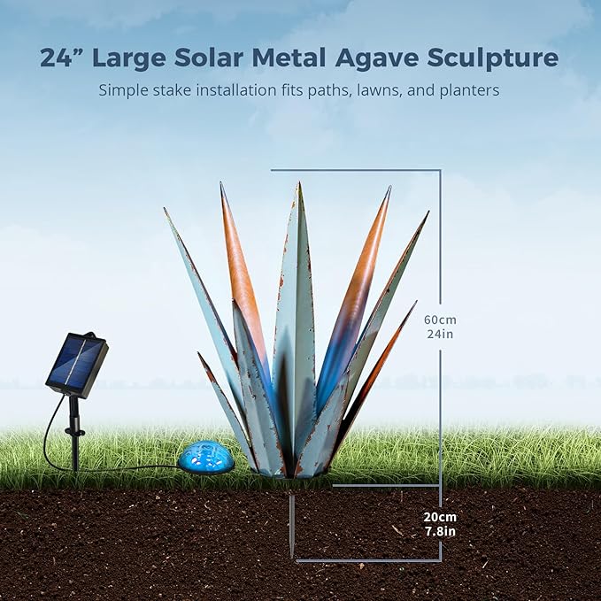 KODIBO 24” Large Solar Metal Agave Plants Outdoor Decor, Tequila Rustic Sculpture Outdoor Statues, Garden Sculpture for Patio Path Courtyard and Lawn (Vintage Blue-Solar Light)
