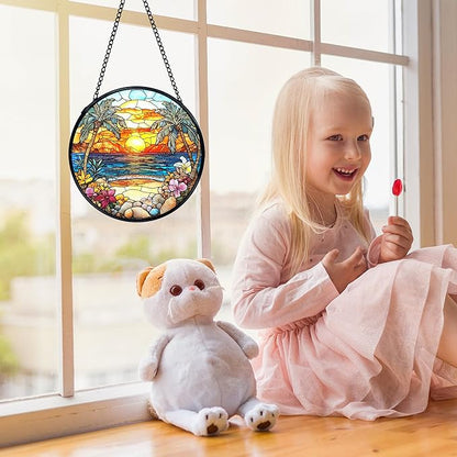 Tropical Beach Suncatchers Stained Glass Window Hanging, Coastal Ocean Sun Catchers Indoor Window Glass Round Wall Decor, Coastal Seascape Beach Wall Hanging Decorations, 7.9x7.9in