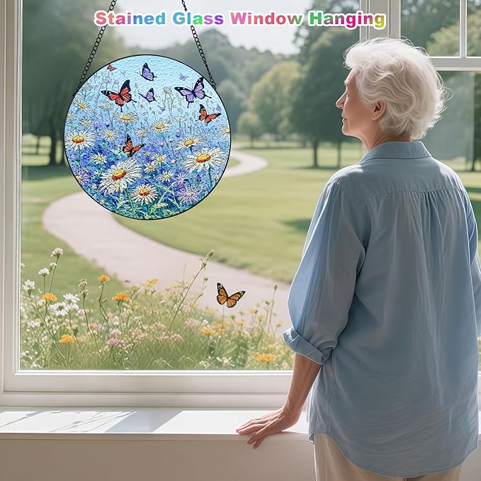 Butterfly Stained Glass Suncatcher,7.8in Butterfly Suncatcher for Window Hanging,Hand Chrysanthemum Suncatcher Window Decoration,Butterfly Home Decor for Indoor Window