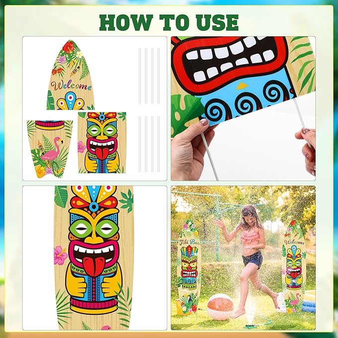 Queekay 2 Pcs Tiki Yard Sign Luau Hawaiian Tropical Party Decoration Outdoor Tiki Sign with Stakes for Summer (Skateboarding Style)