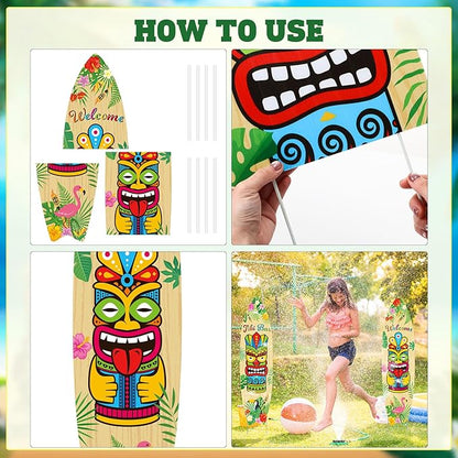 Queekay 2 Pcs Tiki Yard Sign Luau Hawaiian Tropical Party Decoration Outdoor Tiki Sign with Stakes for Summer (Skateboarding Style)