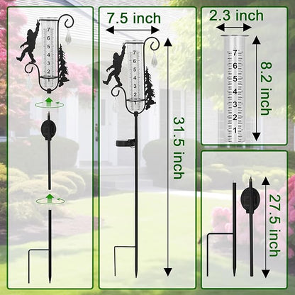 J-Fly Solar Light Rain Gauge, Black Metal Sasquatch Design with Glass Tube, 7 Inch Decorative Garden Stake for Outdoor Weather Measurement, Yard Decor