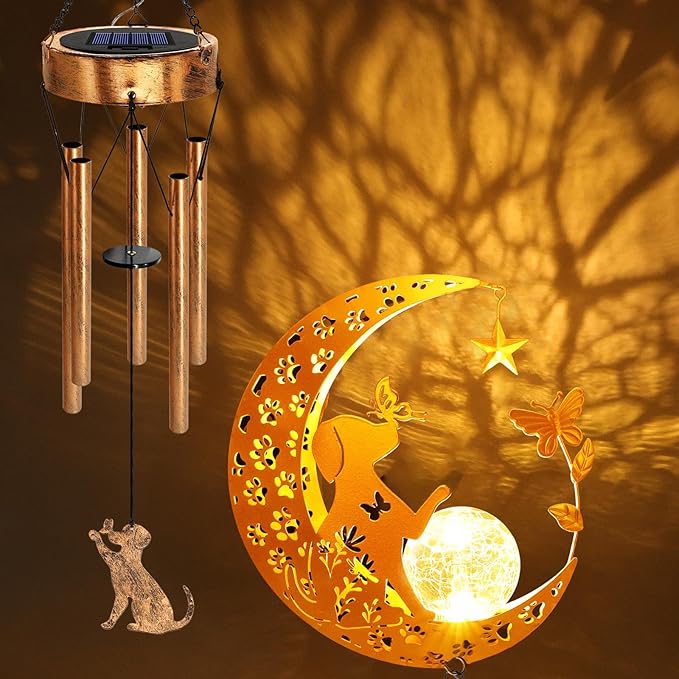 2Pack Solar Moon Dog Wind Chimes for Outside, Dog Lover Gifts for Mom Women Men Birthday Mothers Day, Hanging Outdoor Decor Cracked Glass Ball Memorial Wind Chimes for Garden Porch