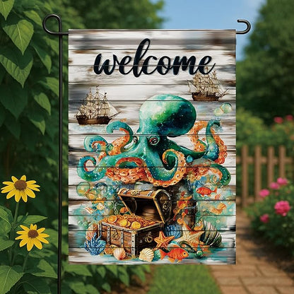 Spring Summer Garden Flag 12x18 Inch Nautical Octopus Treasure Chest Welcome Ocean Sea Pirate Ship Design Outdoor Yard Porch Lawn for Seasonal Coastal Home Decor