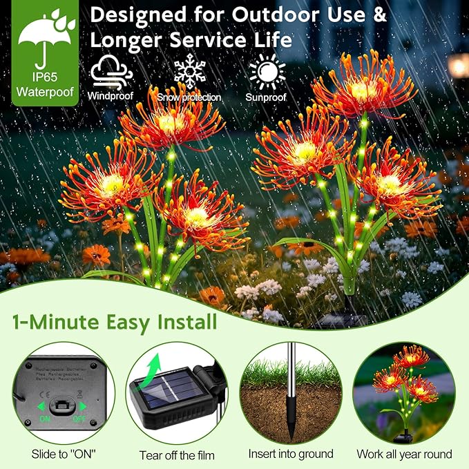 Solar Garden Flower Lights Outdoor,4 Pack Orange Spider Lily Lights with Glowing Stems,Waterproof Fall Decor Solar Yard Decor for Patio Lawn Pathway,Thanksgiving Garden Gifts for Women Mom Grandma
