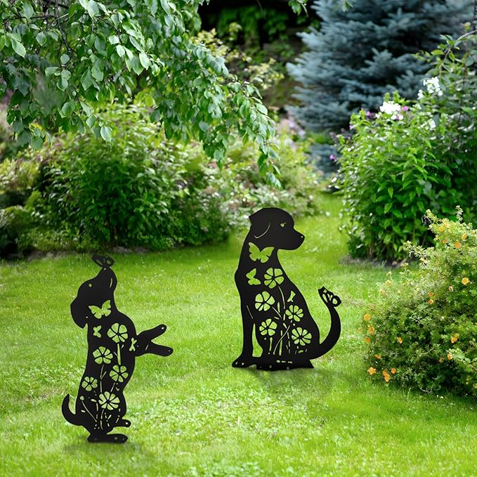 Metal Dogs Statues Garden Outside Black Puppy Decorative Garden Silhouette Stakes Steel Dog Yard Decor for Dog Lovers
