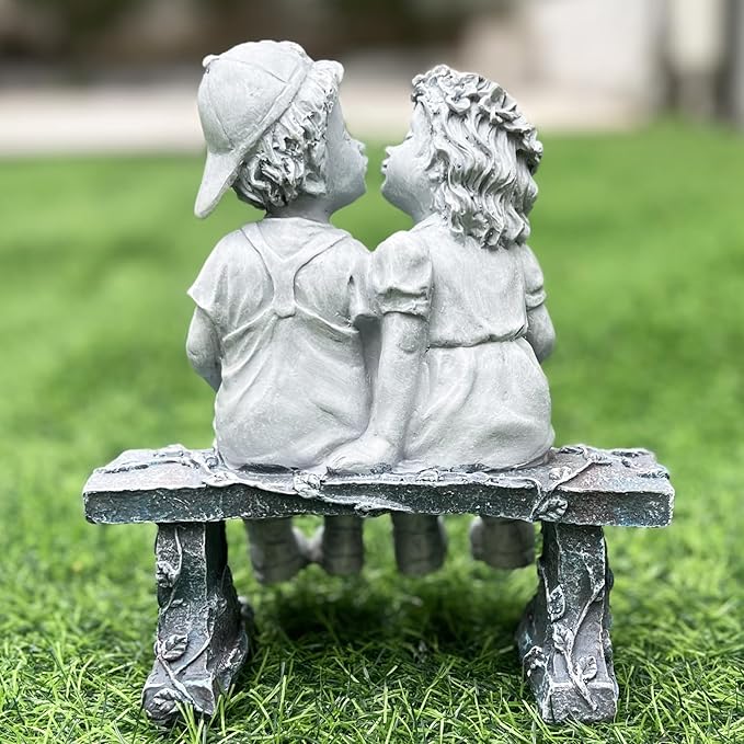 Elenon Boy and Girl Garden Statue Decor, Couple First Kiss Garden DecorativeSculpture for Yard Patio Art Flower Bed Decoration, 8 1/4" L x 4 3/4" W x 9" H