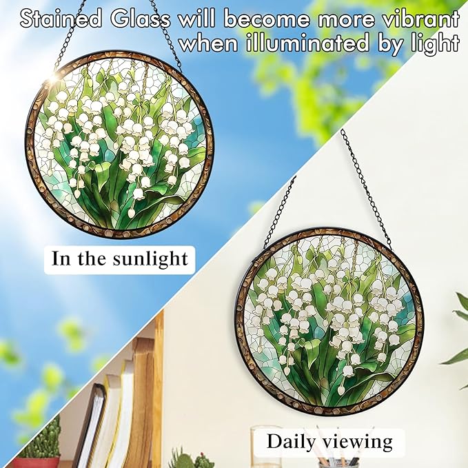 Stained Glass Window Hanging White Green Lily of The Valley 7.8 Inch Wildflowers Suncatcher Glass Panel Boho Window Decor with Chain Round Glass for Garden Wall Birthday Party Gifts