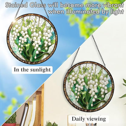 Stained Glass Window Hanging White Green Lily of The Valley 7.8 Inch Wildflowers Suncatcher Glass Panel Boho Window Decor with Chain Round Glass for Garden Wall Birthday Party Gifts