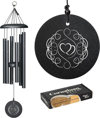 Corinthian Bells 27" Double Heart Wind Chime – Black – Engraved Intertwined Hearts with Ivy Circle – Romantic Gift for Weddings, Anniversaries & Loved Ones
