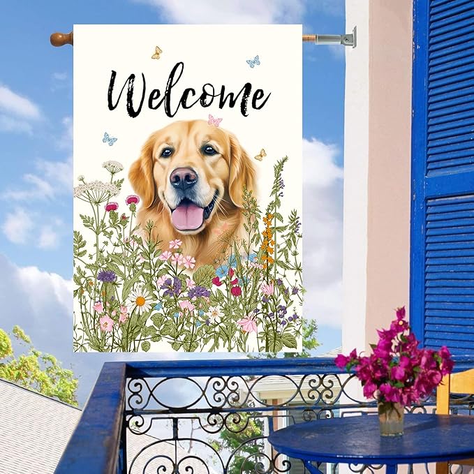 Floral Golden Retriever Garden Flag Spring Summer House Flags 28 x 40 Double Sided Flower Dog Yard Flags for Outside Large Outdoor Welcome Flags