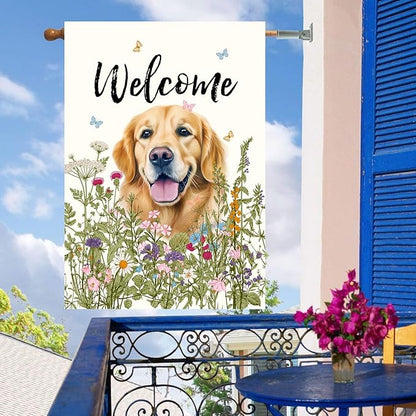 Floral Golden Retriever Garden Flag Spring Summer House Flags 28 x 40 Double Sided Flower Dog Yard Flags for Outside Large Outdoor Welcome Flags