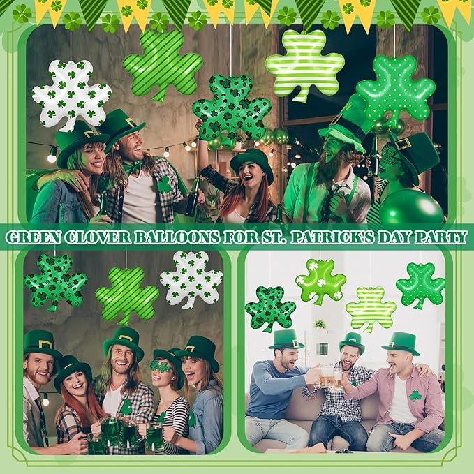 18 Pcs 12 Inch St Patrick's Day Inflatable Shamrock Ornaments Decorations Large Blow up Lucky Clover Hanging Ornaments Irish Clover Shape PVC Yard Decors Shamrock Outdoor Decoration for Yard Lawn