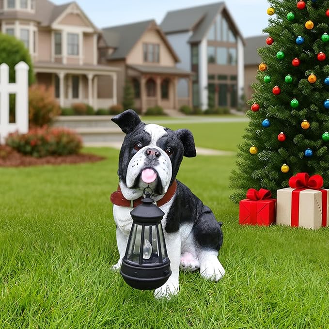 Outdoor English Bulldog Dog Statue with Interchangeable Welcome sign and Detachable Solar Lantern –LED Light Garden Dog Sculpture Décor Garden Statue Outdoor dog statue Cute Puppy Yard Porch Gift