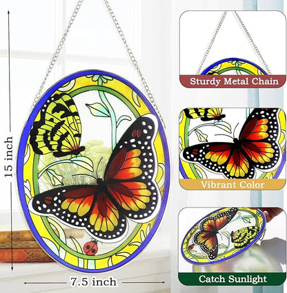 Monarch Butterfly Stained Glass Window Hanging, Butterfly Decorations Gift for Women, Valentine Stained Glass Suncatcher- Window Valentine Decor, Outdoor Hanging for Garden (10.5 inch)