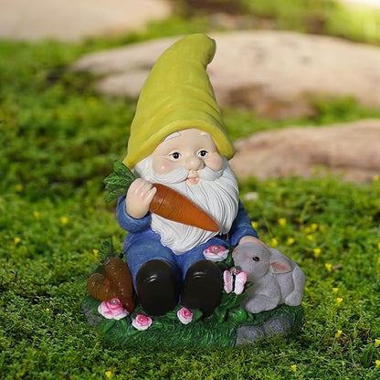 Solar Garden Outdoor Statues Gnome Feeding Rabbit with 6 LED Lawn Decor Outside Decorations for Patio, Balcony, Yard Ornament Unique Garden Gift