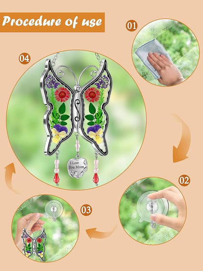 KY&BOSAM Butterfly Suncatcher Stained Glass Suncathers for Windows Hangings Wind Chime with Real Flower Wings and Meatl I Love You Mom Heart Charm for Mom Birthday Christmas Decor