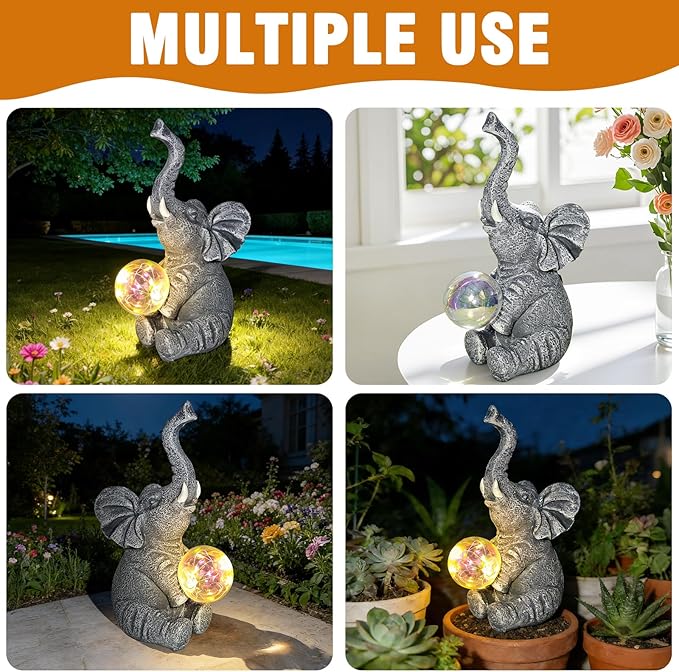 Solar Elephant Statue Garden Decor Outdoor, Garden Statues Yard Decor for Outside, Gardening Gifts for Women, Mom or Birthdays, Elephant Ornaments Yard Art for Yard, Patio, Lawn (Gray Elephant)