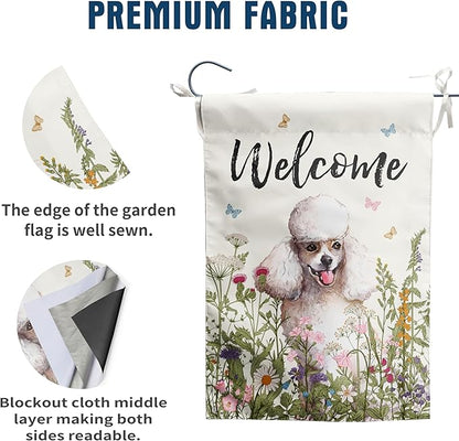 Spring Summer Garden Flag Floral Poodle Yard Flag Flower Dog Garden Flags for Outside Small Outdoor Welcome Flags 12x18 Double Sided