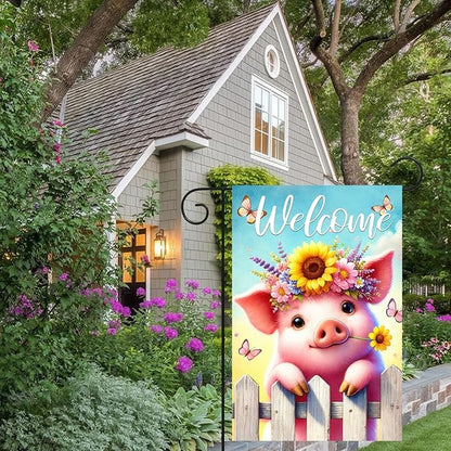 BlissYard Spring Welcome Garden Flag 12x18 Inches Double Sided Cute Pig Yard Flags Sunflower Crown Fence for Outside Decor Home Farmhouse Holiday Summer Decorations