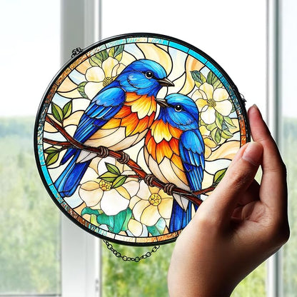 7.8" Bluebird Suncatcher Stained Glass Window Hanging Blue Bird Sun Catchers Birds Lover Ornament Wall Home Room Door Garden Decor Birthday for Nature Lovers Women Mom