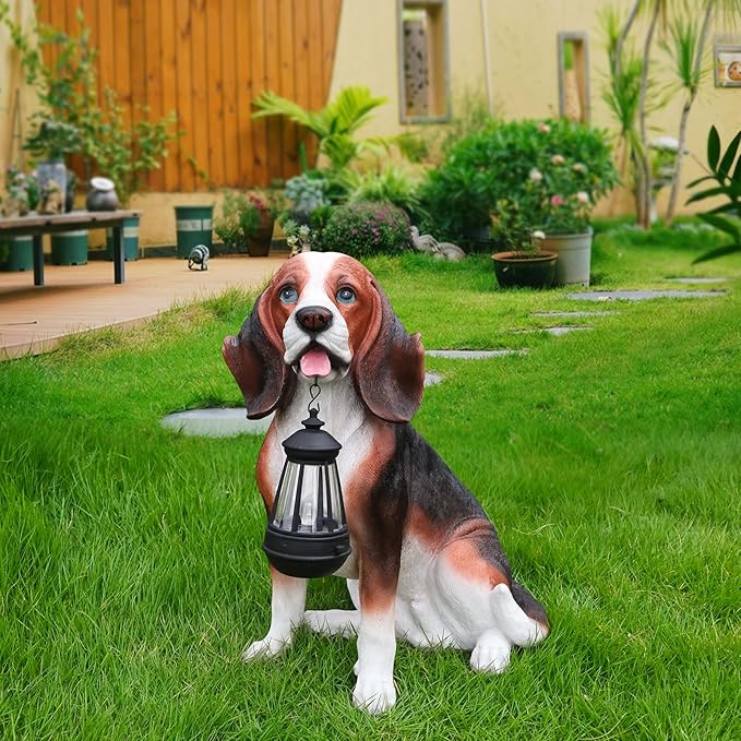 Tricolor Beagle Country-Garden Accent with Solar Lantern and Reversible Sign, Sitting Beagle Statue for Gateways, Flower Borders & Courtyard