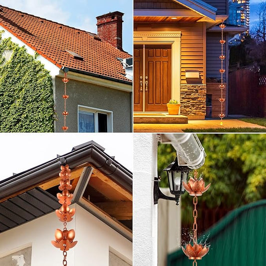 Oak Leaf Rain Chain with Adapter, 8.5ft Adjustable Lotus Rain Catcher Chain for Gutters Outside Downspout, for Divert Water and Home Display, Copper Powder Coated