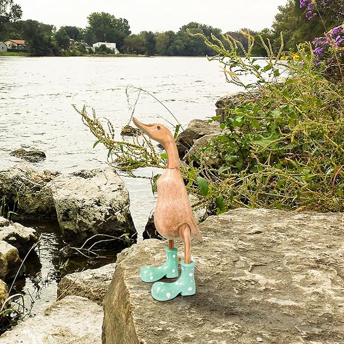 Wooden Crafted Duck Figurine with Spotty Wellies Funny Standing Duck Statues Decorative Resin Rain Boot Animal Sculpture Collectible Crafts Waterproof Garden Lawn Ornament (Green, 5.9Inch)