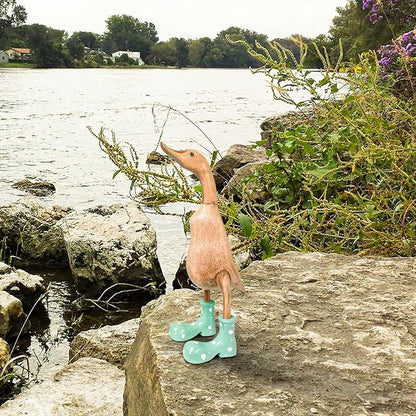 Wooden Crafted Duck Figurine with Spotty Wellies Funny Standing Duck Statues Decorative Resin Rain Boot Animal Sculpture Collectible Crafts Waterproof Garden Lawn Ornament (Green, 5.9Inch)