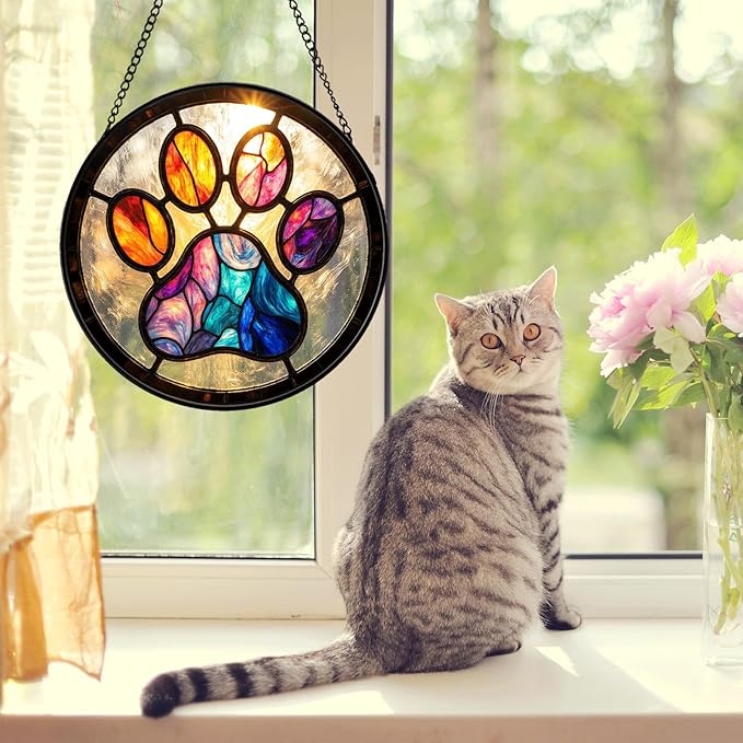 Pet Stained Glass Suncather for Window Hanging, Paw Print Ornament Gift for Pet Lover, 7.9'' Pet Memorial Wall Art Home Decor Sympathy Gift for Dog & Cat Owners (Colorful, 7.9'')