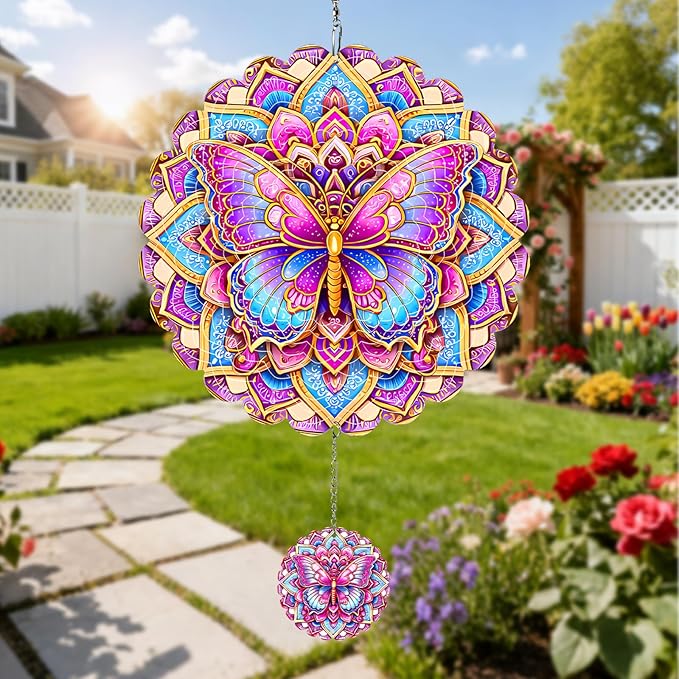 Wind Spinners Outdoor Butterfly, 12 inch Laser Cut Metal Art Geometric Pattern Wind Spinners Craft Decor Birthday Gifts for Women and Mom - Hanging Kinetic for Yard, Garden, Patio, Outdoor