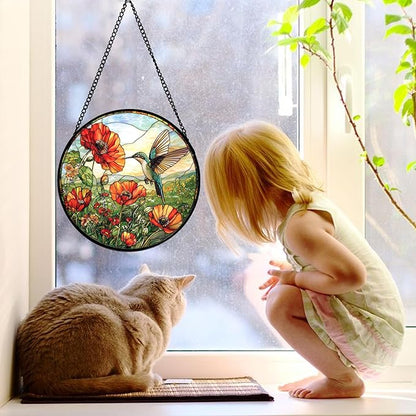 DASTOLL Stained Glass Window Hanging, Hummingbirds Orange Flowers Suncatcher Diamond Glass Panel Hangings Sun Catchers Decor for Birthday for Women, Men, Wife, Aunt, and Mom 7.8 in