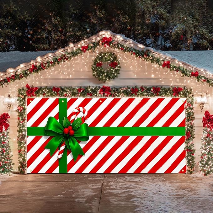 HOMETITUTE Christmas Garage Door Banner 13x6ft Gift Wrap Bow Ribbon Theme Backdrop Seasonal Christmas Decor Winter Door Cover Banners for Outside Garage Wall Covering for Party Garage Decorations