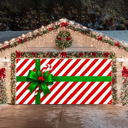 HOMETITUTE Christmas Garage Door Banner 13x6ft Gift Wrap Bow Ribbon Theme Backdrop Seasonal Christmas Decor Winter Door Cover Banners for Outside Garage Wall Covering for Party Garage Decorations