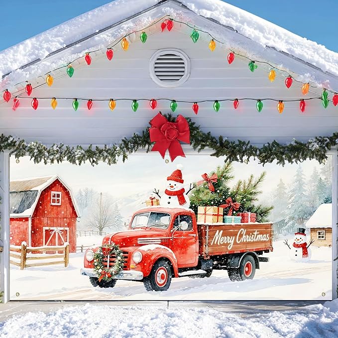 IVN Merry Christmas Garage Door Banner 13x6ft Festive Backdrop Decoration Red Truck Snowman Christmas Photo Prop Background for Joyful Holiday Yard Door Cover Background Outdoor Winter Scene