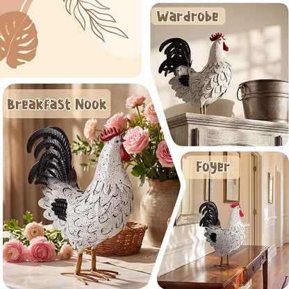 Zhengmy Metal Rooster Garden Statue Lifelike Colorful Metal Rooster Yard Decor Hand-Painted Iron Chicken Sculpture for Patio Lawn Backyard Farmhouse Outdoor Indoor Decoration(White and Black)