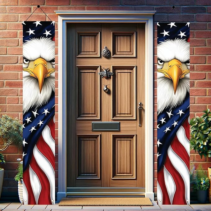 Patriotic Eagle Porch Banners 71x12 Inch American Flag Independence Day Outdoor Decorations Bald Eagle Hanging Porch Signs 4th of July Memorial Day Veterans Day Home Decor