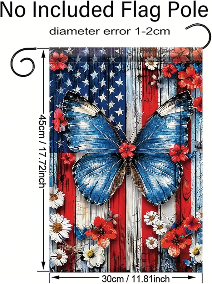 Spring Summer Garden Flag 12x18 Inch Patriotic Butterfly American Outdoor Floral Rustic Wood Art Design Outdoor Yard Porch Lawn for Seasonal Americana Farmhouse Home Decor