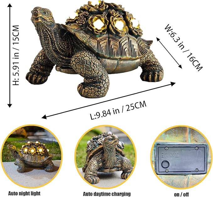 Outdoor Solar Turtle Decor, Resin Succulent Turtle Statue with Waterproof LED Lights, Garden Gift for Plant Lovers for Patio, Balcony, Yard Ornament