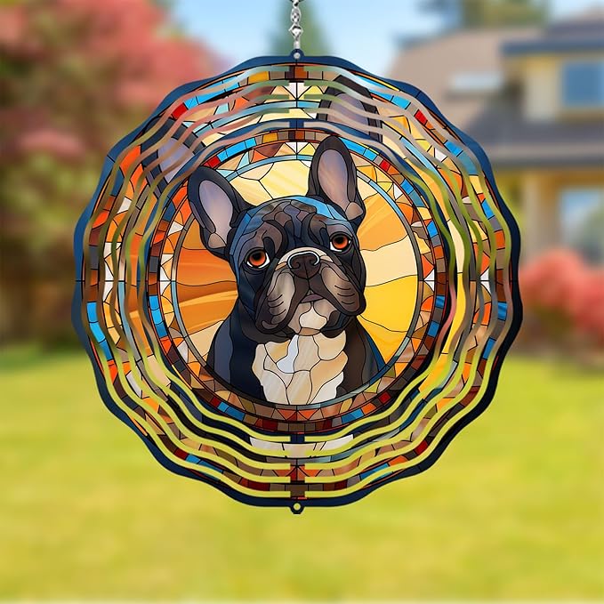 French Bulldog Wind Spinner Pet Dog Memorial Gifts, Vibrant 3D Kinetic Metal Hanging Outdoor Garden Decor, Frenchie Gifts for Dog Lovers, 8" Wind Sculptures for Patio, Porch, Yard Art (Frenchie 6)