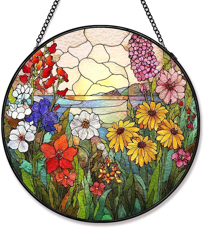 Stained Glass Sun Catcher Window Hanging - Wildflowers Green Plants Design, Indoor Decor Gifts for Mother's Day, Birthday, Christmas - Perfect for Women, Men, Mom Home Window Decor(Wildflowers) 7.8in