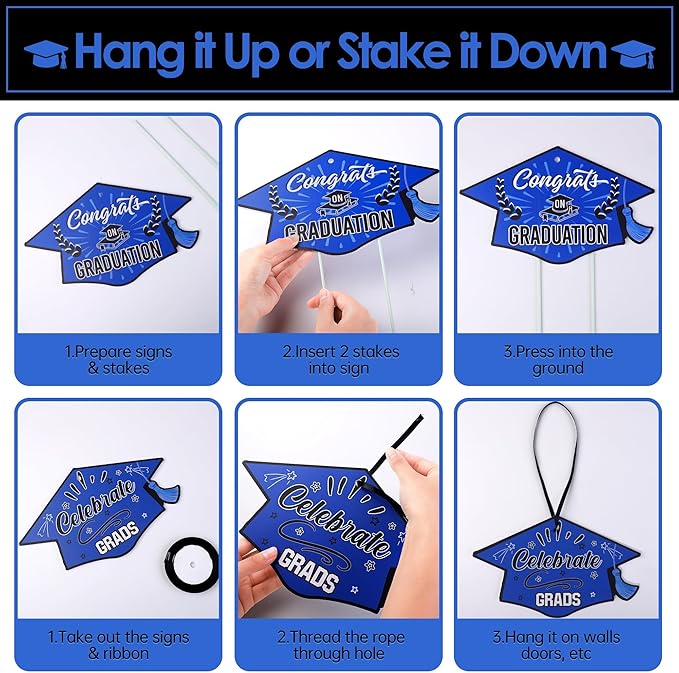 16 Pieces 2026 Graduation Yard Signs Plastic Congrats Grad Decor with 32 Stake and Ribbon Graduate Cap Hanging Yard Sign for Party Outdoor Lawn Pathway Walkway Decorations(Blue and Black)