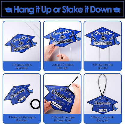 16 Pieces 2026 Graduation Yard Signs Plastic Congrats Grad Decor with 32 Stake and Ribbon Graduate Cap Hanging Yard Sign for Party Outdoor Lawn Pathway Walkway Decorations(Blue and Black)