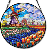 Stained Glass Window Hanging - 7.8in Windmill and Tulips Flowers Field Sun Catchers Indoor Stained Glass Panels Wall Decor for Mom，Wife，Lovers，Festive