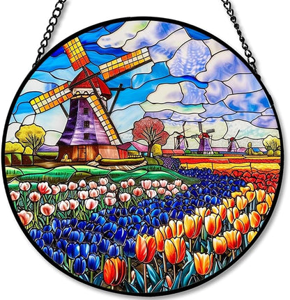 Stained Glass Window Hanging - 7.8in Windmill and Tulips Flowers Field Sun Catchers Indoor Stained Glass Panels Wall Decor for Mom，Wife，Lovers，Festive