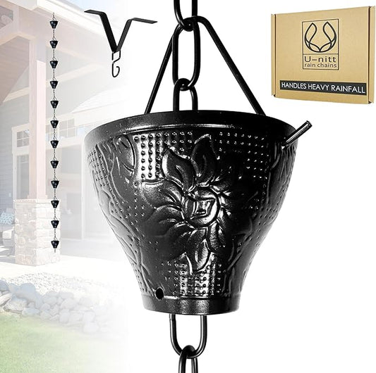 U-nitt Rain Chain Water Collection for Gutters Rainwater Catcher & Diverter, 8.5 FT Chains for Outside Garden, Sunflower Cups, Roof Downspout, Works with Heavy Rain, w/Gutter Clip for Rainchains