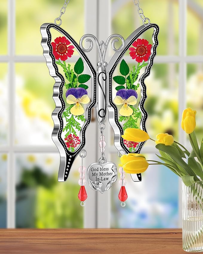 KY&BOSAM Gifts for Mom Butterfly Suncatcher God Bless My Mother-in-Law Stained Glass Sun Catchers for Windows Hangings Wind Chime Ornament for Women Valentine`s Birthday Decor