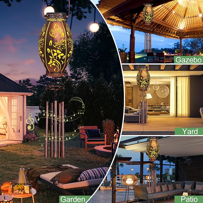 Wind Chimes for Outside 37" Butterfly Solar Wind Chimes Outdoor Gifts for Mom, Hanging Solar Lanterns Lights Wind Chime for Garden Patio Yard, Christmas WindChimes Outdoors Gifts for Women Grandma